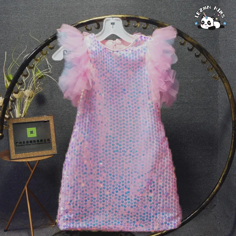LEZONKIDS - Vestido rosa com lantejoulas e manga voadora de fio de rede para crianças, traje de performance, apresentador de desfile de moda, vestido de festa de aniversário para meninas